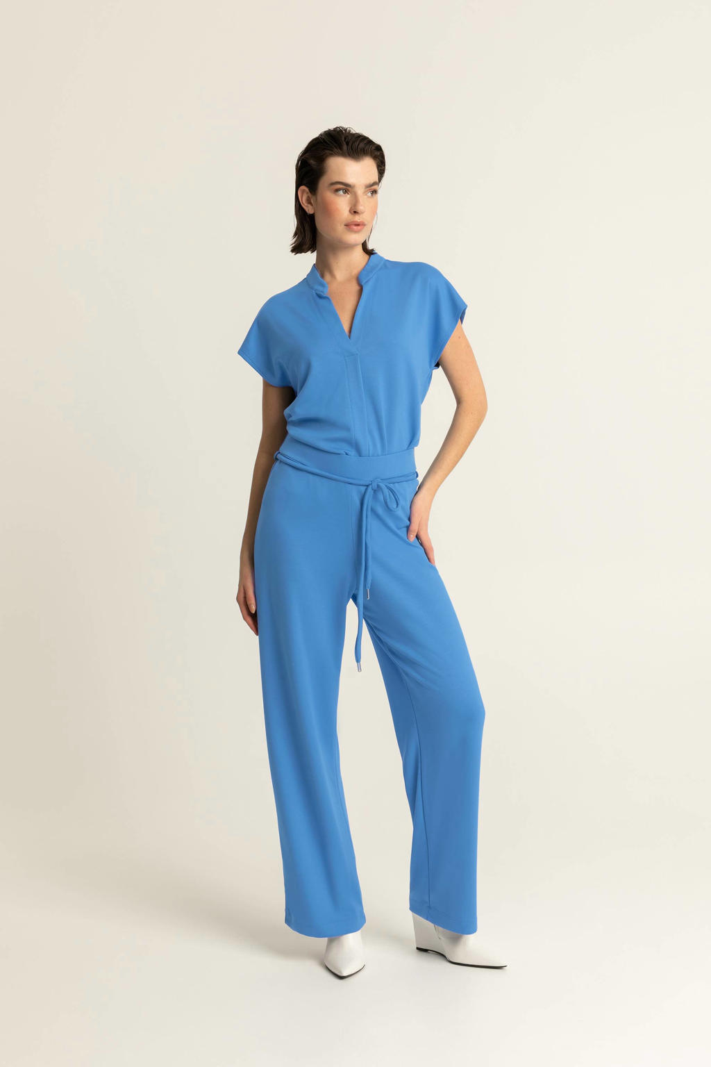 Blauwe dames Expresso jersey top van polyester met kapmouwtjes en V-hals