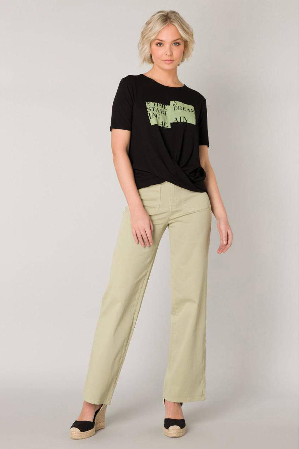 Groene dames Yest straight fit broek van stretchkatoen met regular waist en rits- en knoopsluiting