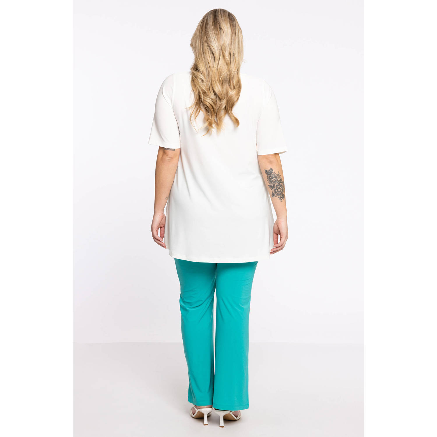 YOEK high waist bootcut broek DOLCE van travelstof turquoise