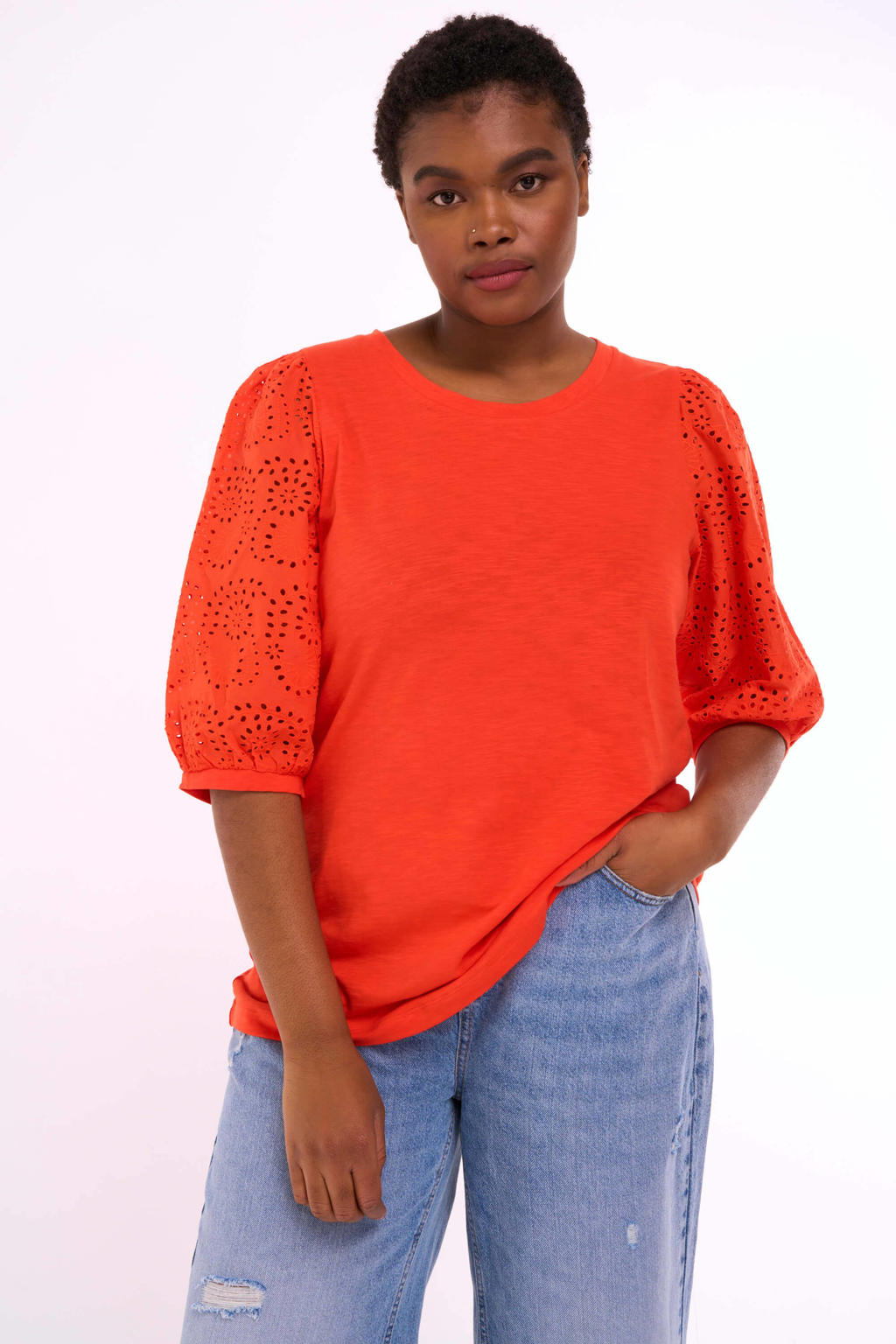 Oranje dames MS Mode top van denim met driekwart mouwen