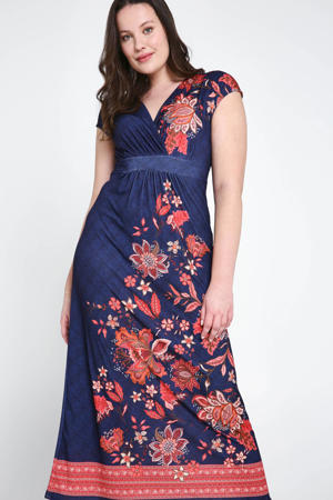 gebloemde maxi jurk blauw/rood