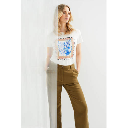 WE Fashion wide leg pantalon met linnen kaki