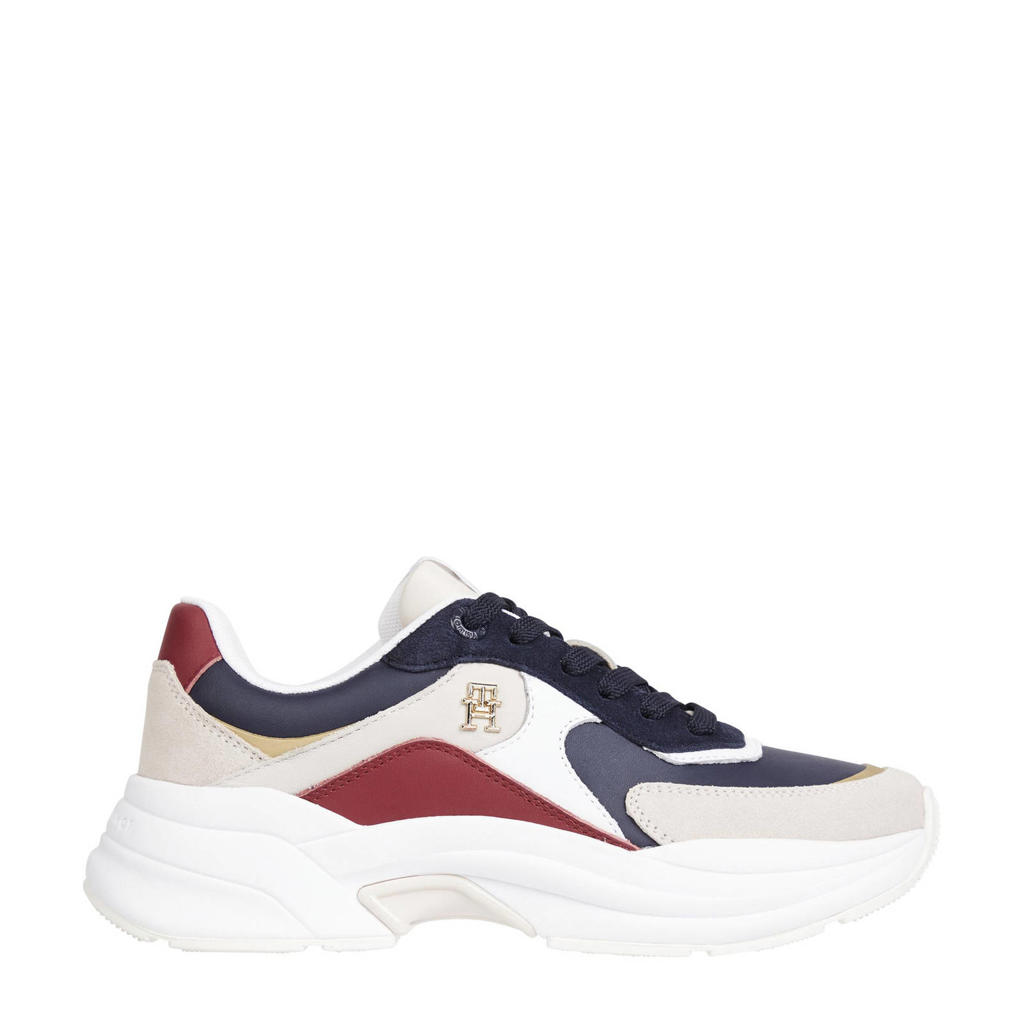 Wit, blauw en rode dames Tommy Hilfiger chunky leren sneakers met veters