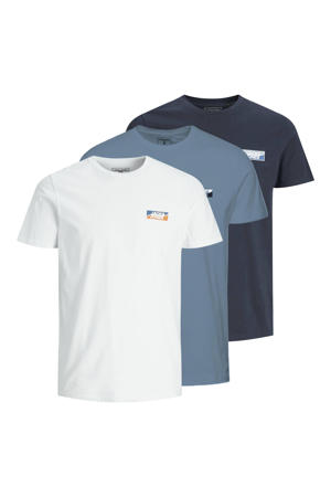 slim fit T-shirt JCOFLY met logo wit/blauw/donkerblauw ( set van 3)