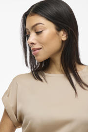thumbnail: Champagne dames VILA satijnen top van polyester met effen, korte mouwen, ronde hals en glimmend detail