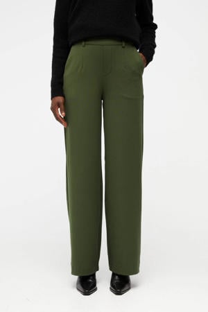 wide leg pantalon OBJLISA van gerecycled polyester donkergroen