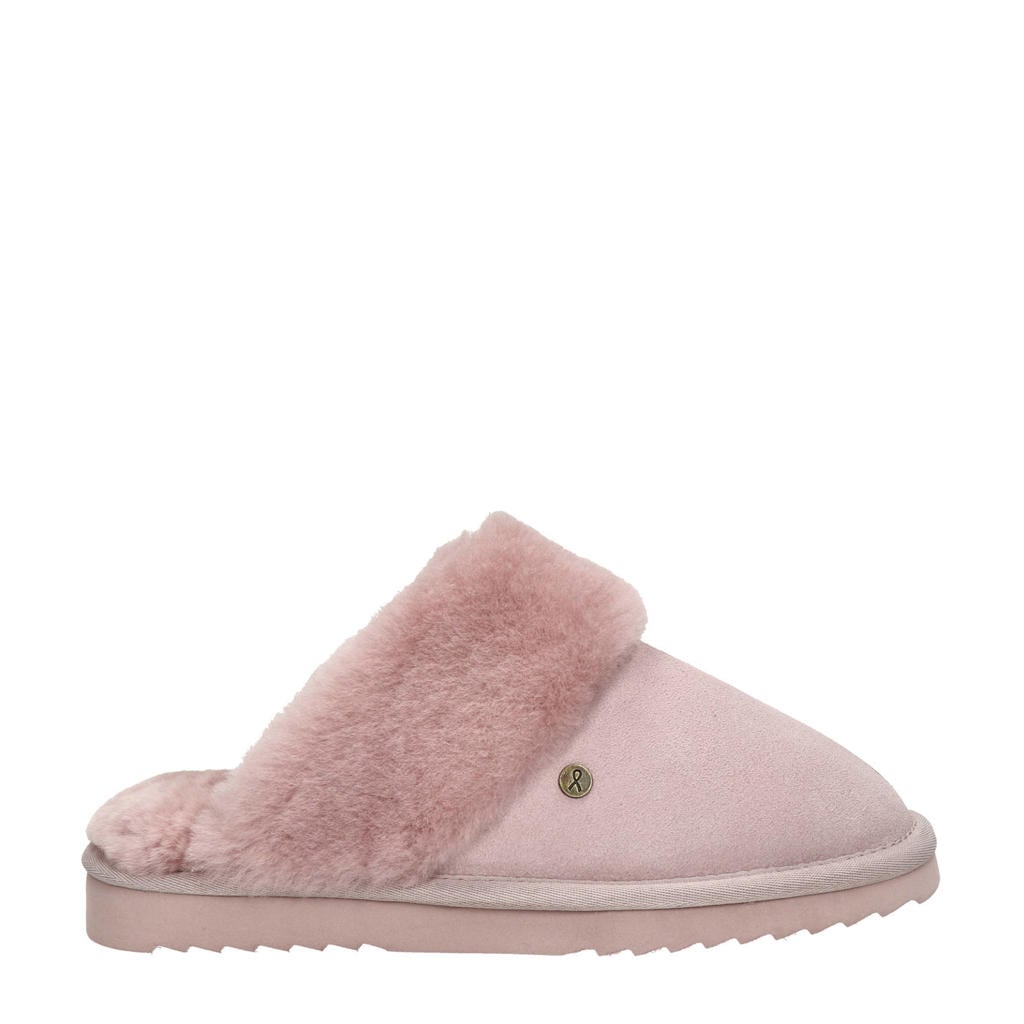 Roze dames Warmbat Australia suède pantoffels met effen