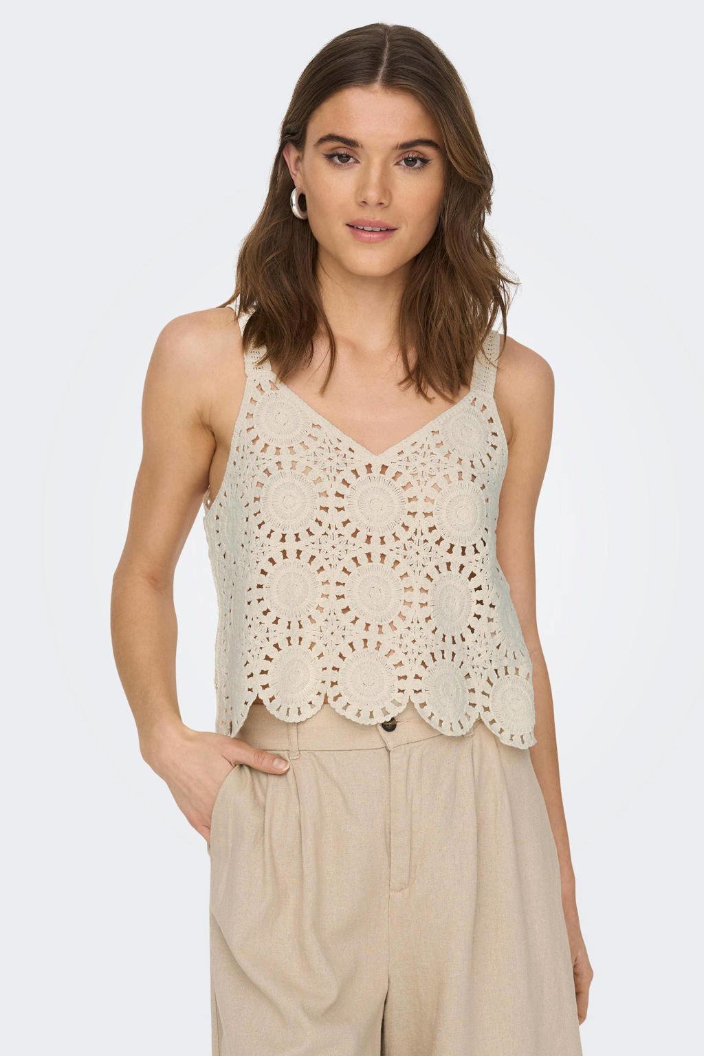 ONLY crochet crop top ONLYVONNE met all over print ecru wehkamp