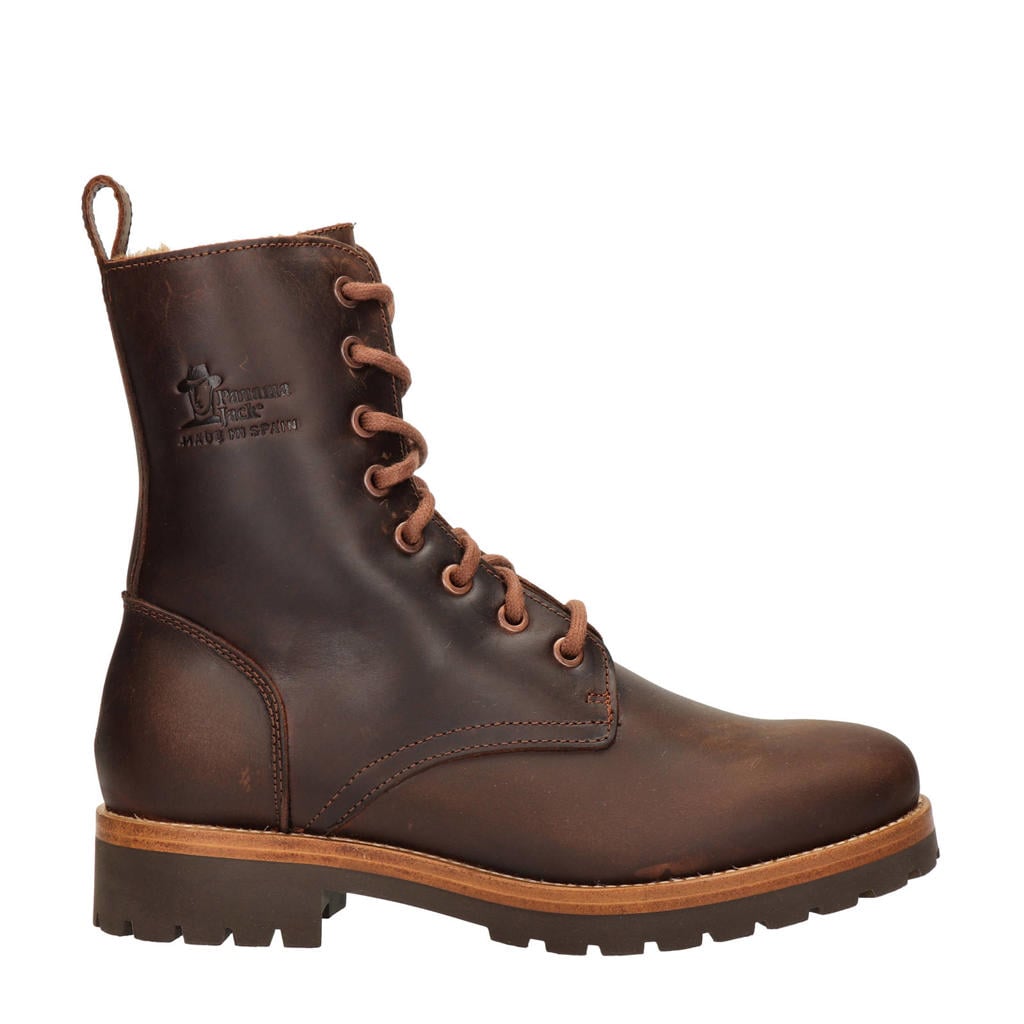 Bruine dames Panama Jack Frisia leren veterboots met rits- en vetersluiting