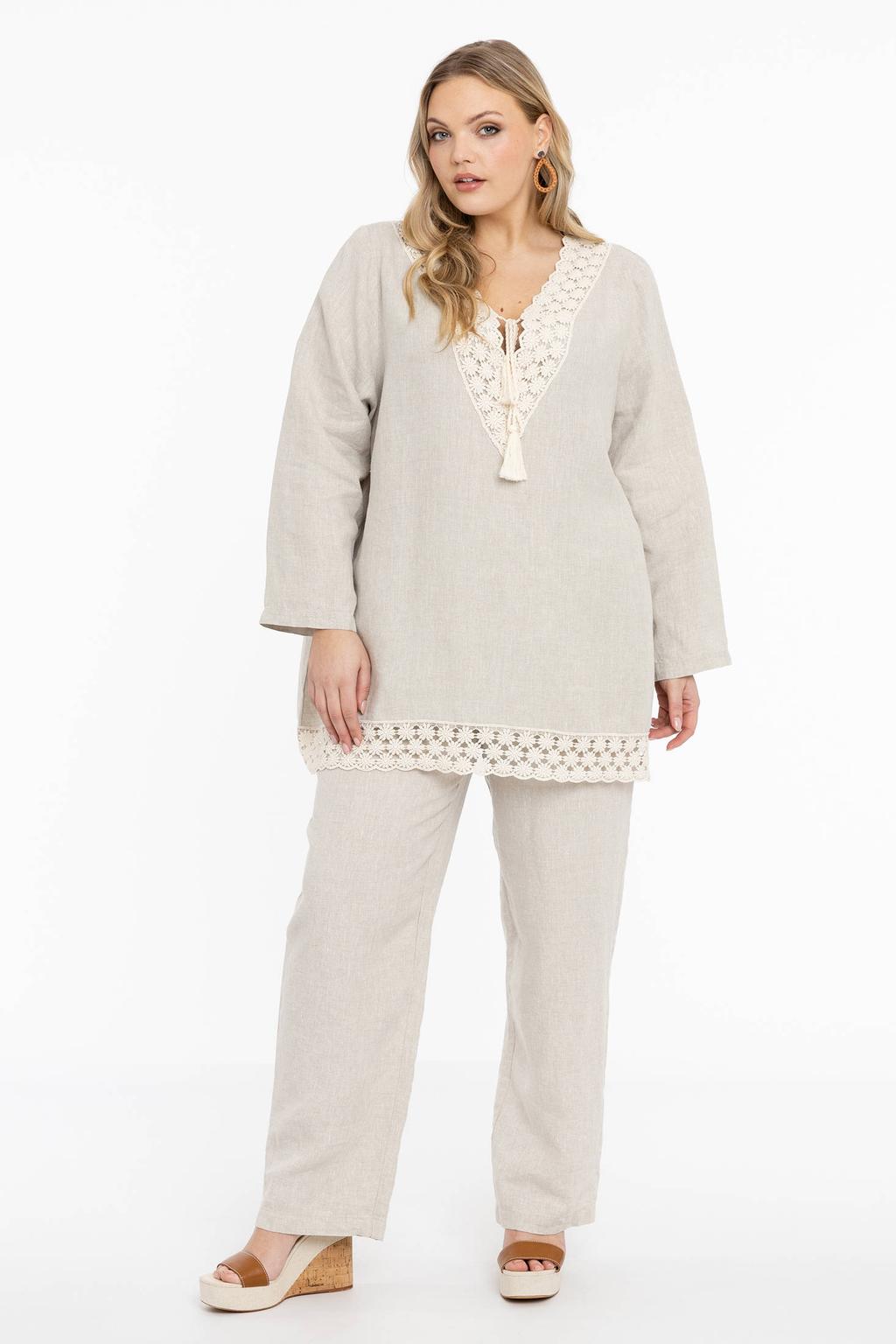 YOEK linnen loose fit broek lichtbruin
