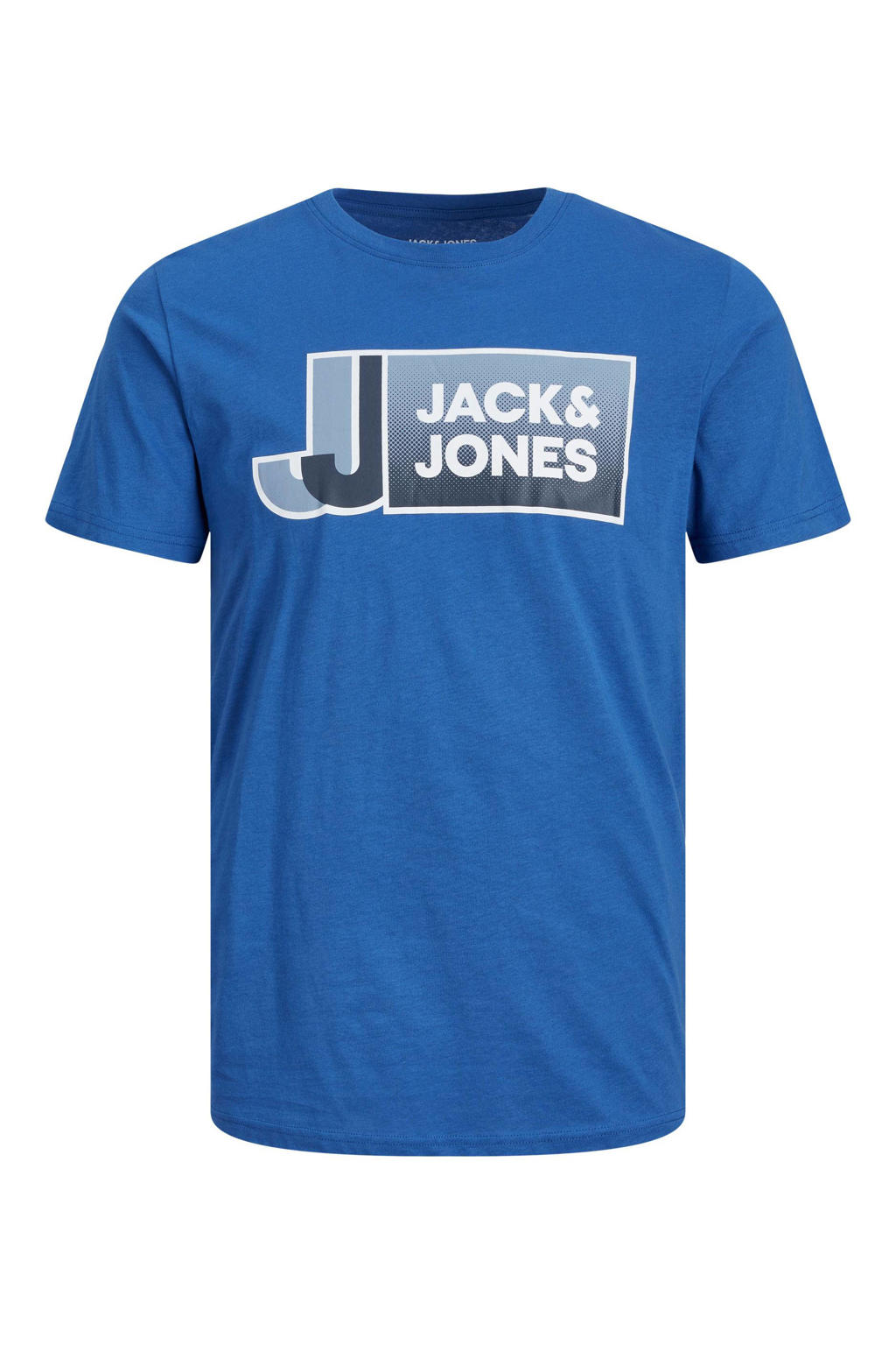 Blauwe heren JACK & JONES CORE regular fit T-shirt van katoen met printopdruk, korte mouwen en ronde hals