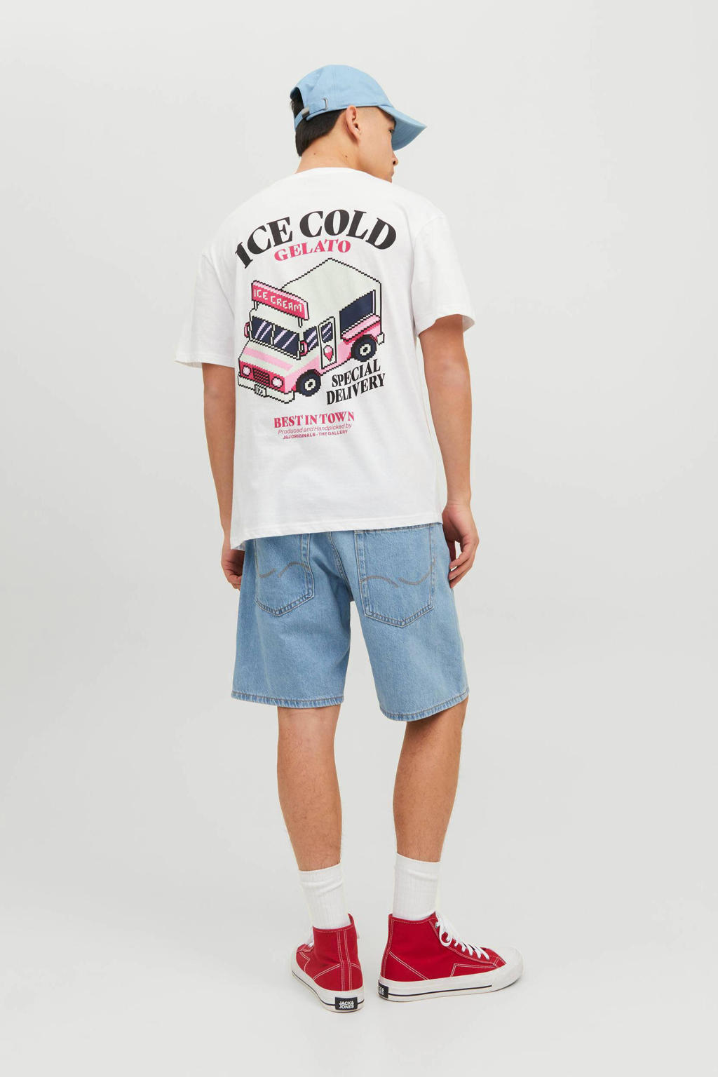 Witte heren JACK & JONES ORIGINALS regular fit T-shirt van katoen met korte mouwen en ronde hals