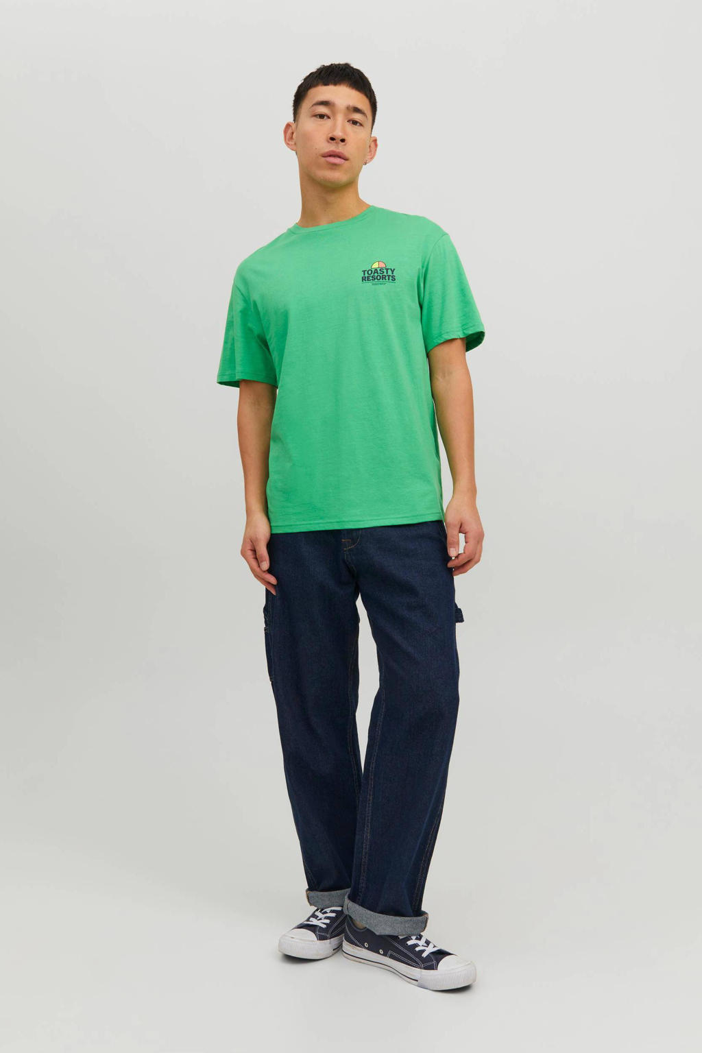 Groene heren JACK & JONES ORIGINALS regular fit T-shirt van katoen met korte mouwen en ronde hals
