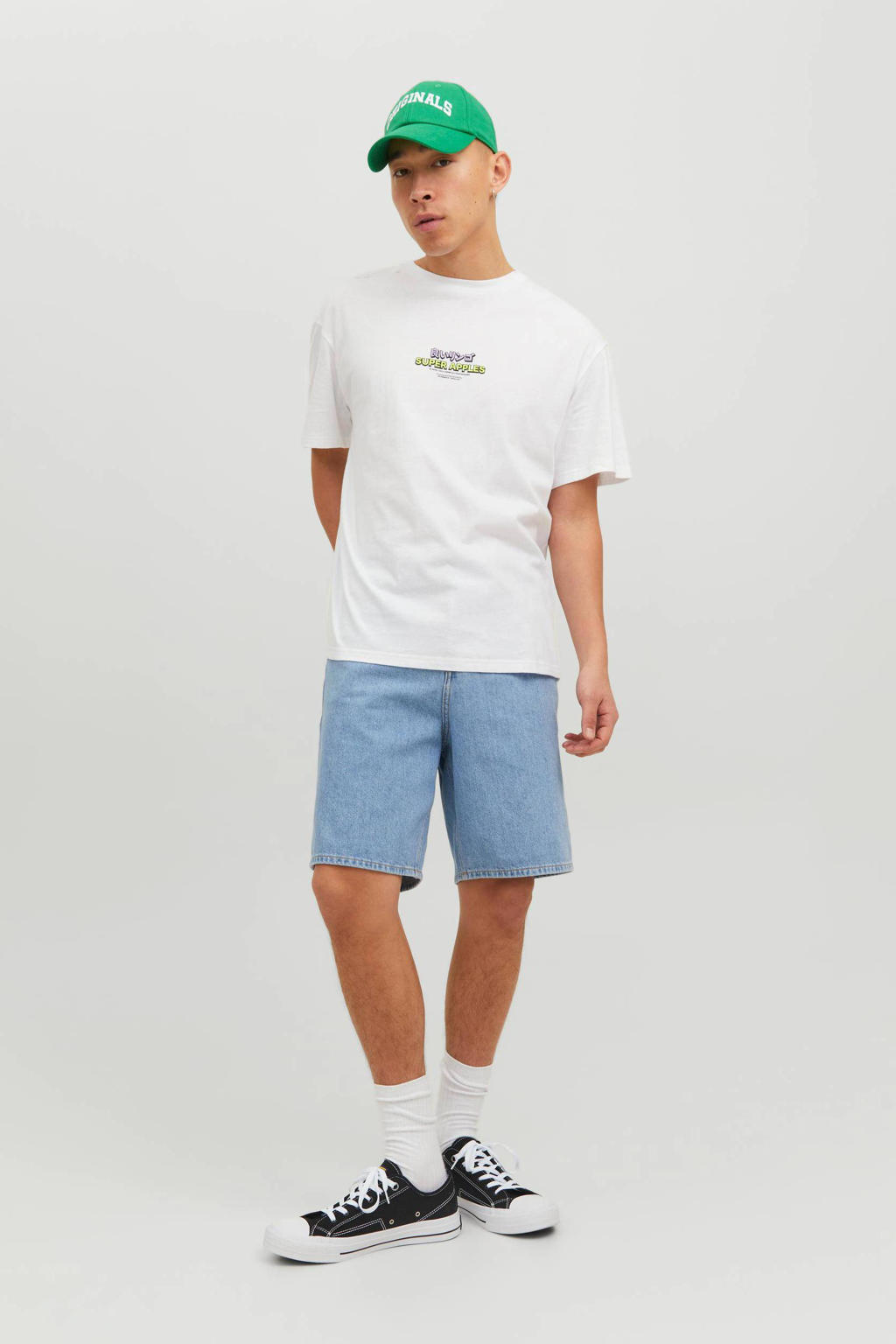 Witte heren JACK & JONES ORIGINALS regular fit T-shirt van katoen met korte mouwen en ronde hals