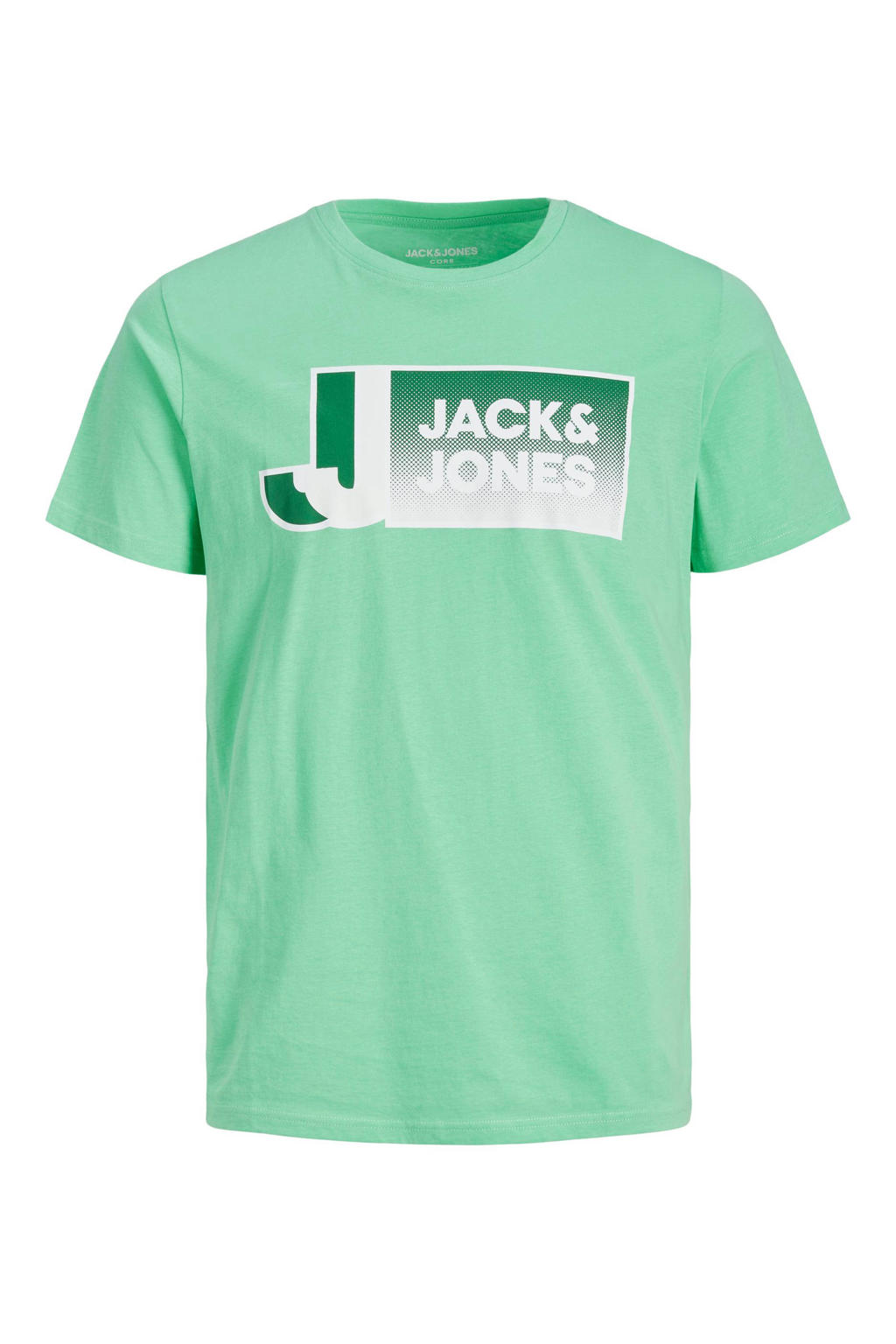 Groene heren JACK & JONES CORE regular fit T-shirt van katoen met printopdruk, korte mouwen en ronde hals