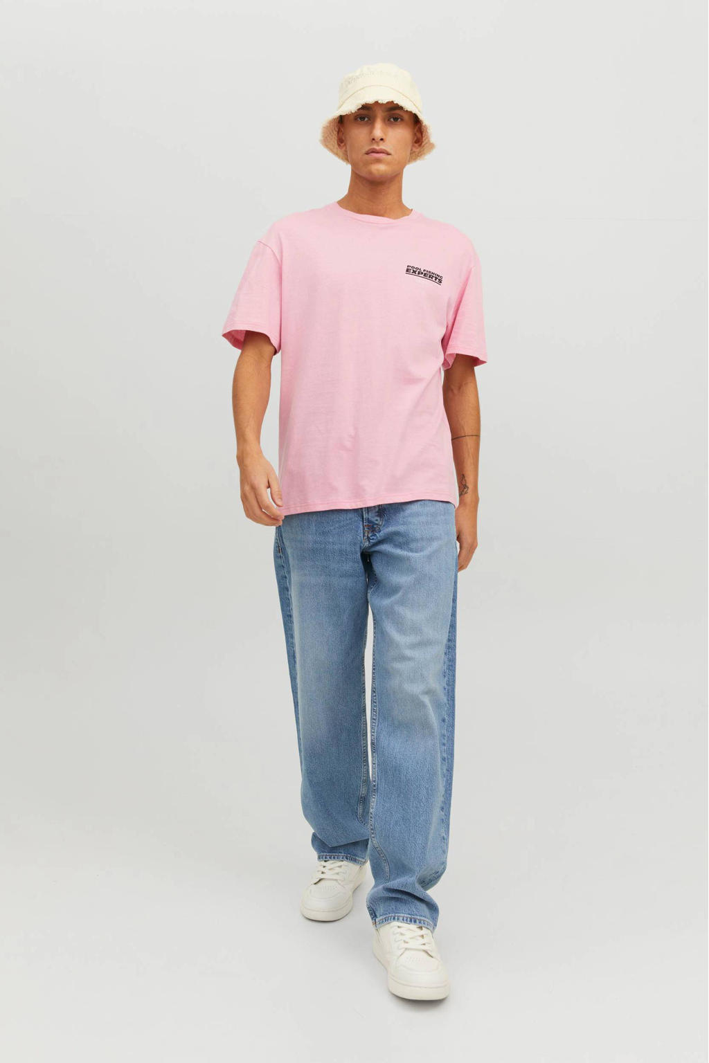 Roze heren JACK & JONES ORIGINALS regular fit T-shirt van katoen met korte mouwen en ronde hals