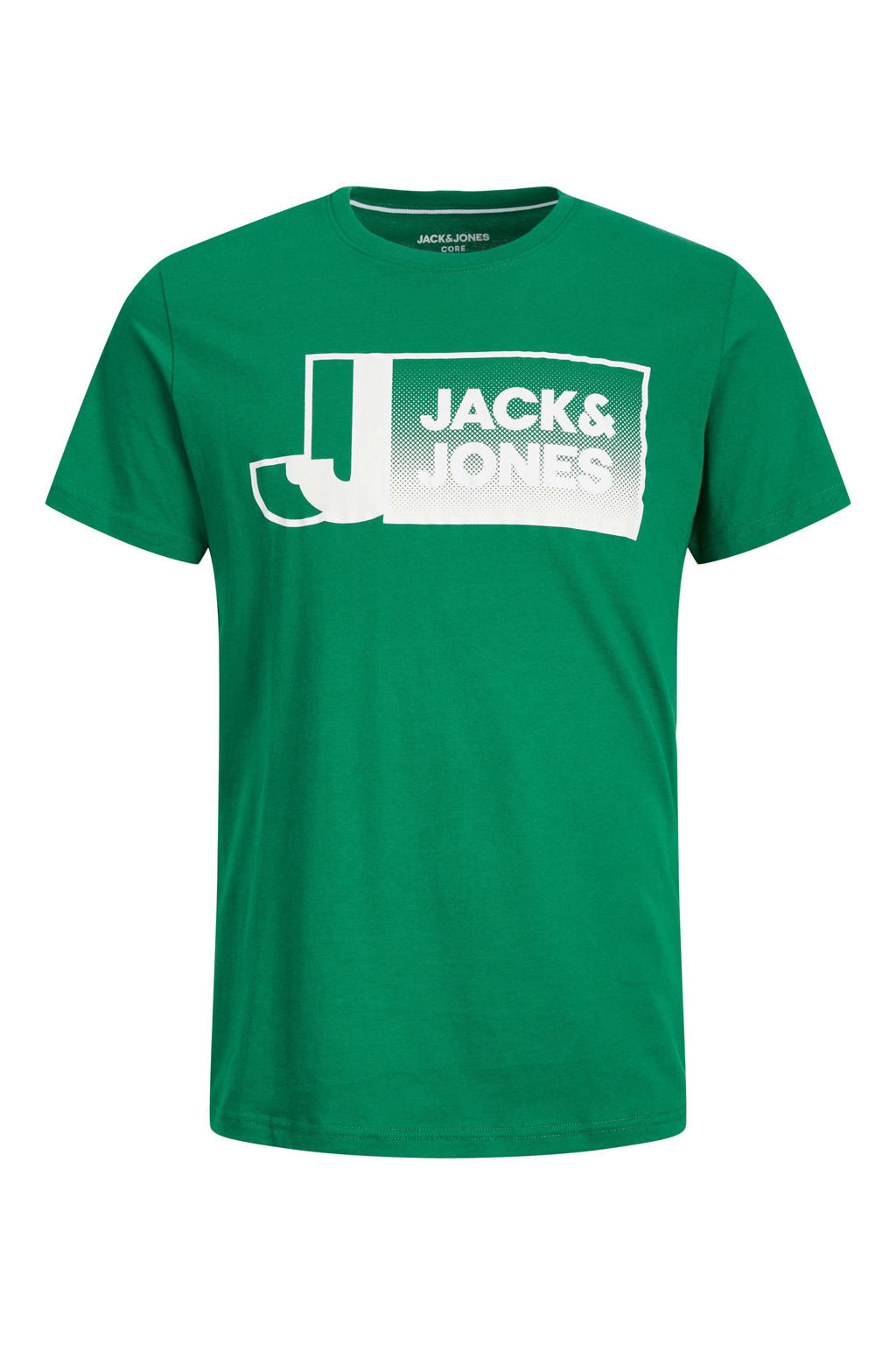 Groene heren JACK & JONES CORE regular fit T-shirt van katoen met printopdruk, korte mouwen en ronde hals