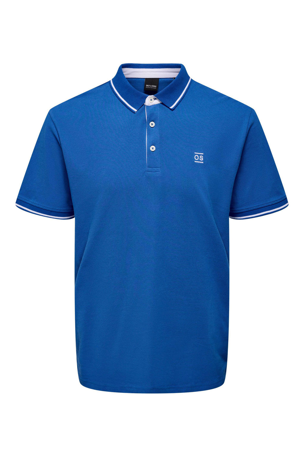 Blauwe heren ONLY & SONS slim fit polo van katoen met logo dessin, korte mouwen en klassieke kraag