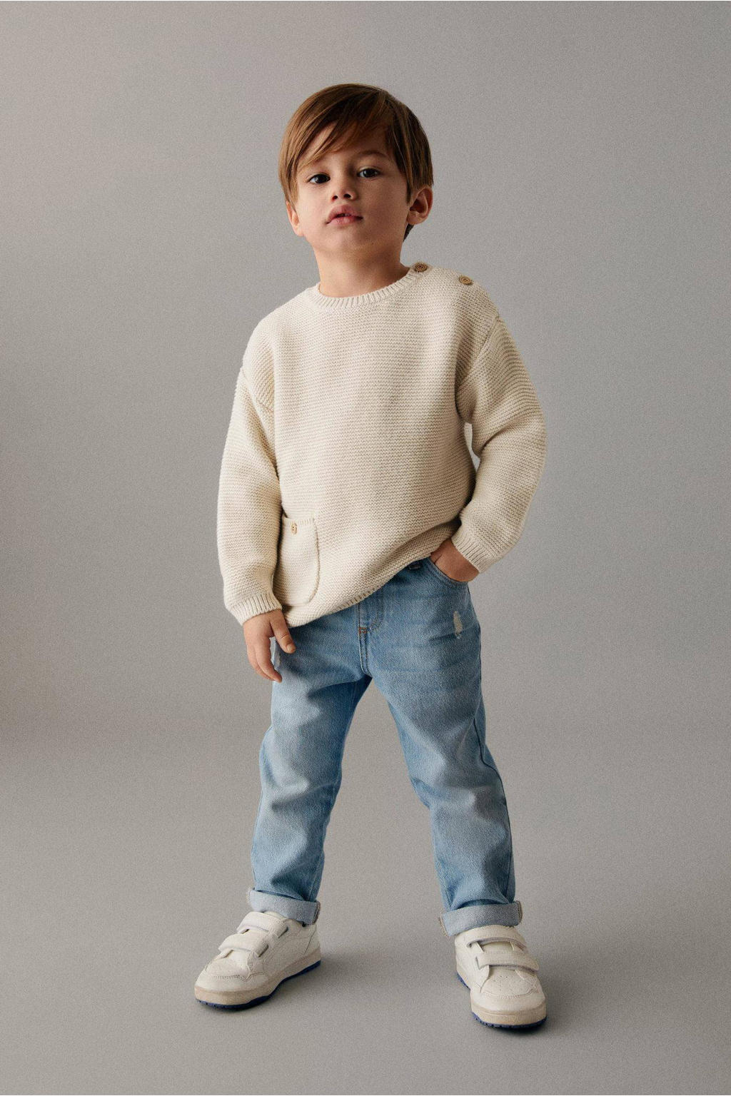 Ecru jongens Mango Kids gebreide trui van katoen met lange mouwen, ronde hals en knoopsluiting