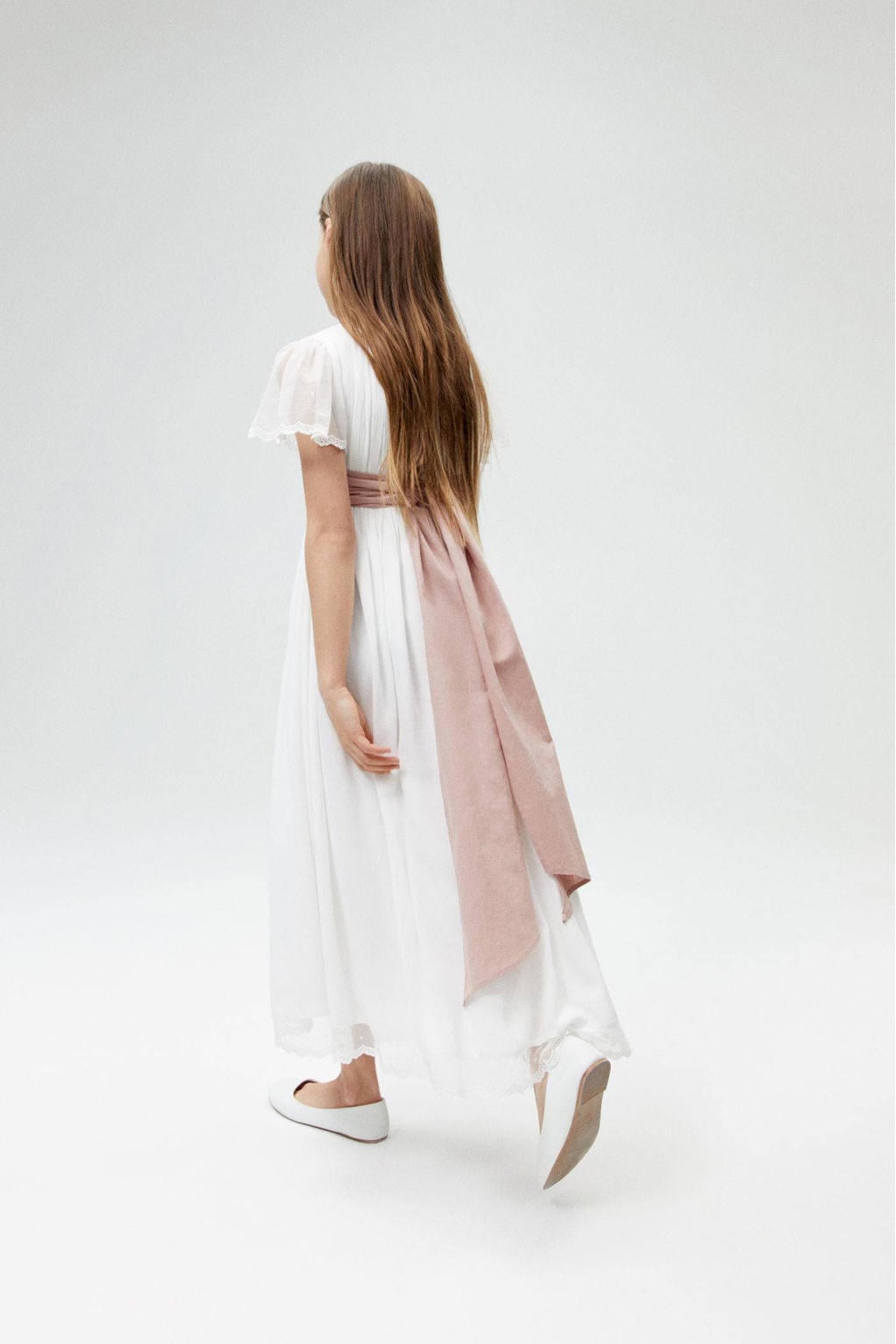 Wit en roze meisjes Mango Kids maxi A-lijn jurk van viscose met korte mouwen en ronde hals