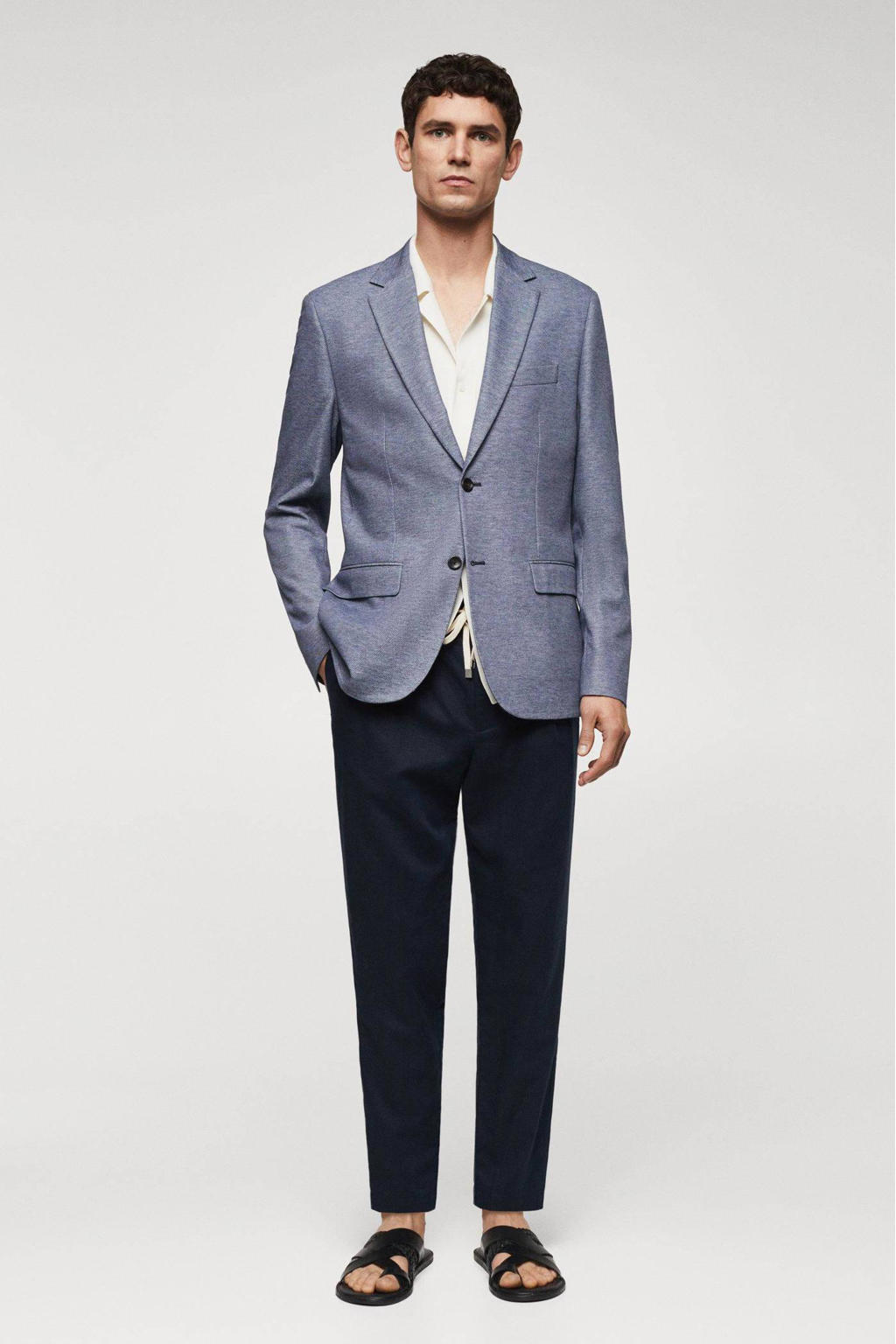 Blauwe heren Mango Man gemêleerd slim fit colbert van polyester met reverskraag
