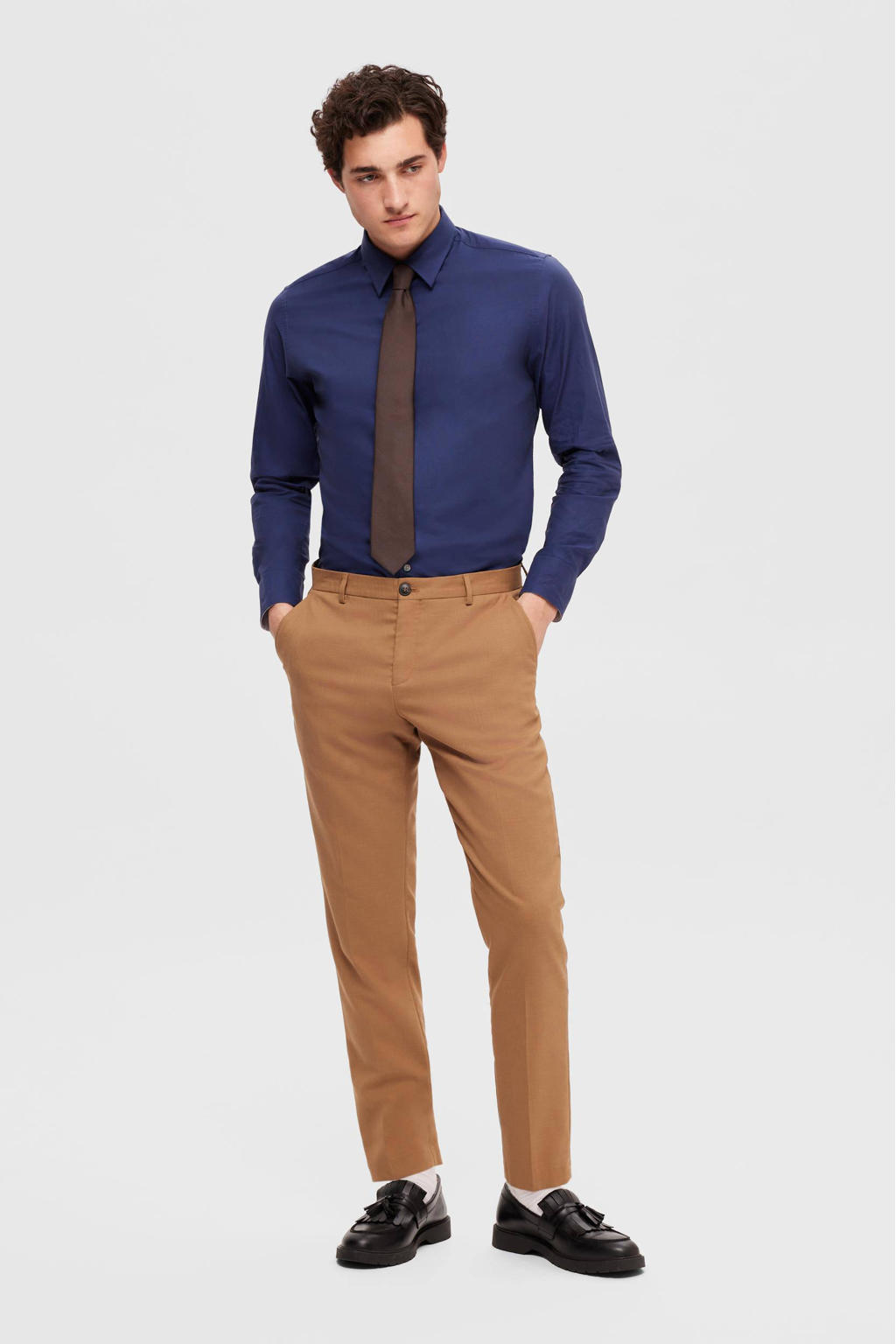 Donkerblauwe heren SELECTED HOMME slim fit overhemd van katoen met effen, lange mouwen en klassieke kraag