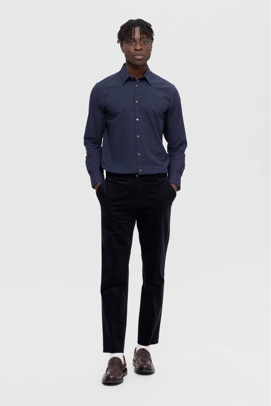 Donkerblauwe heren SELECTED HOMME slim fit overhemd van katoen met lange mouwen en klassieke kraag