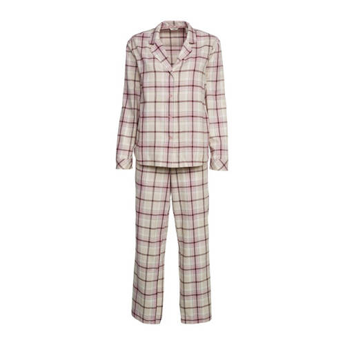 ESPRIT Women Bodywear flanellen pyjama ecru/roze/donkerrood