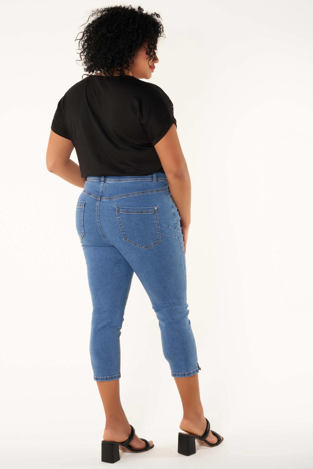 Medium blue denim dames MS Mode cropped skinny jeans van katoen met regular waist en rits- en knoopsluiting