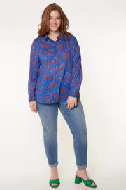thumbnail: Blauw en rode dames MS Mode gebloemde blouse van polyester met lange mouwen, klassieke kraag en knoopsluiting