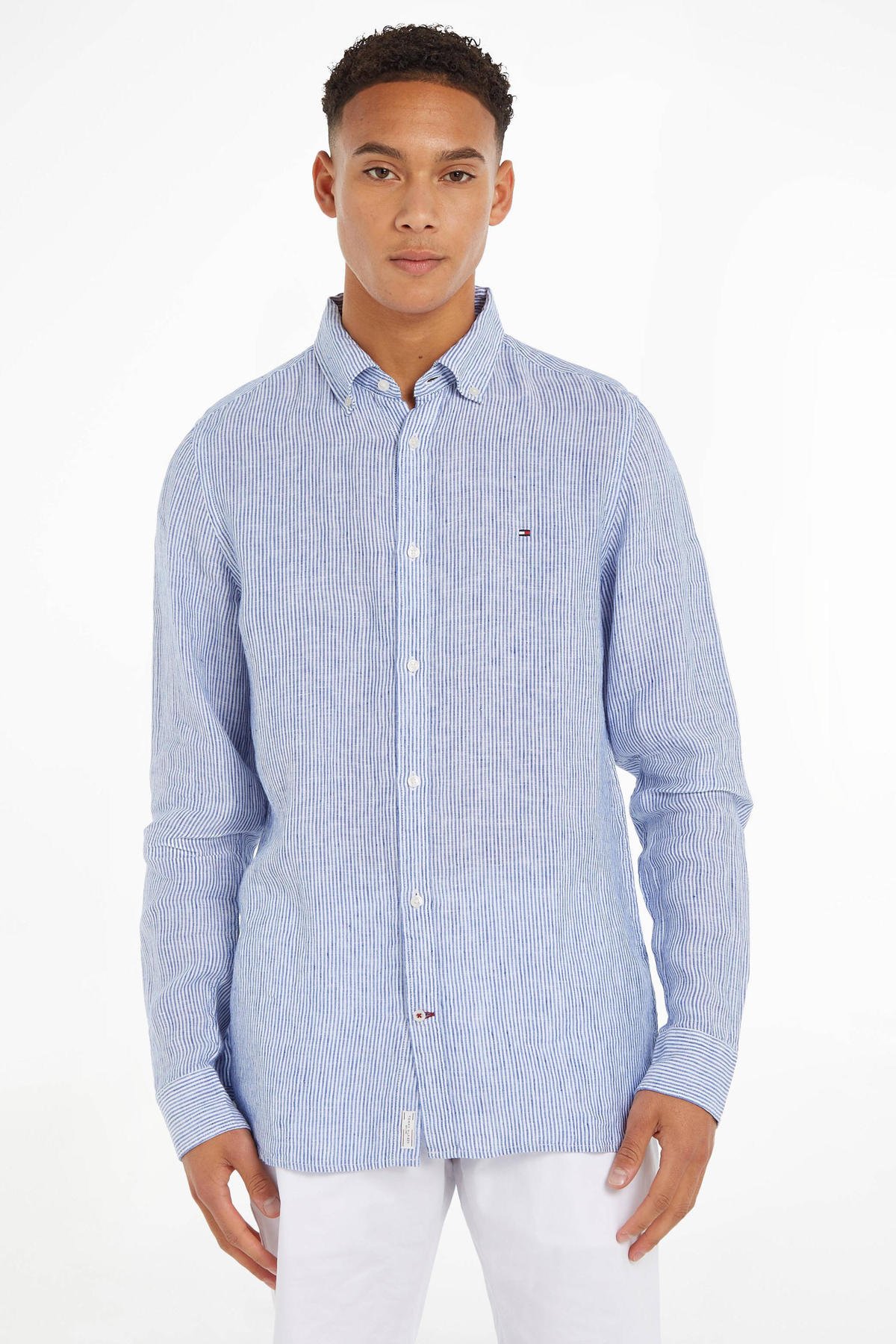 opladen Barmhartig het doel Tommy Hilfiger gestreept linnen slim fit overhemd ultra blue / optic white  | wehkamp