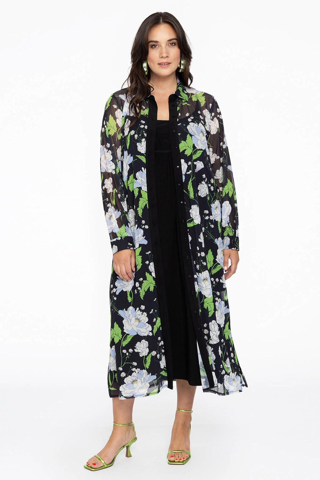 YOEK blouse met all over print donkerblauw/groen/lichtblauw