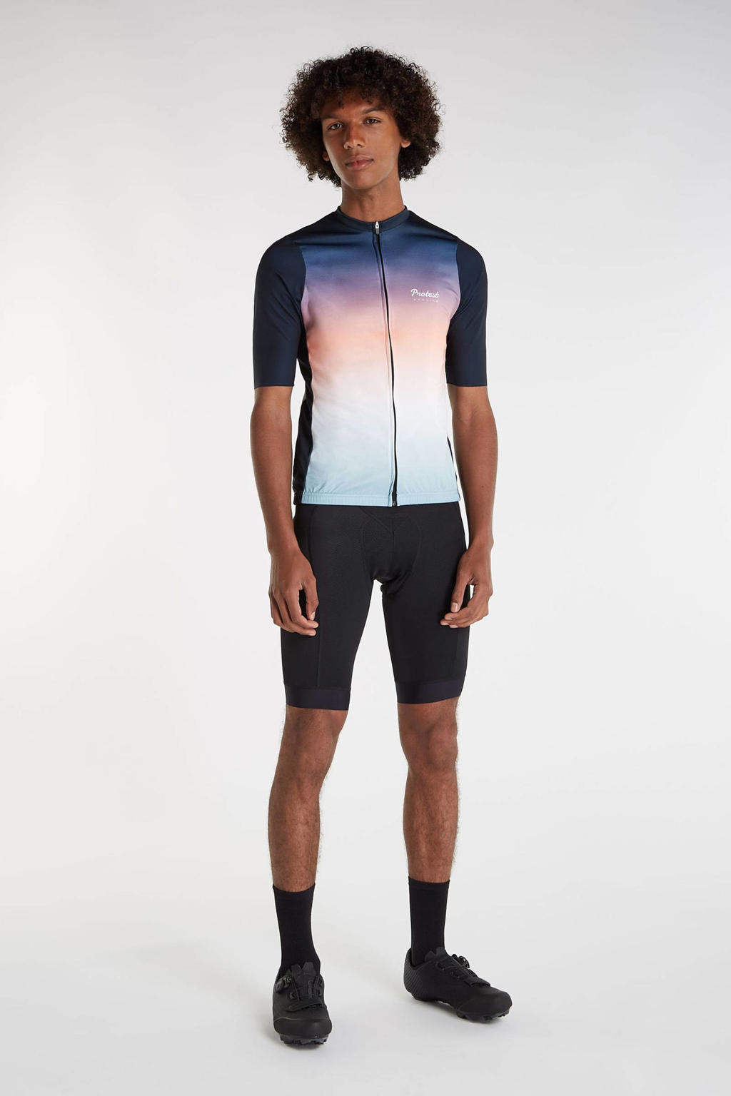 Donkerblauwe heren Protest fietsshirt van polyester met meerkleurige print, korte mouwen, opstaande kraag en ritssluiting