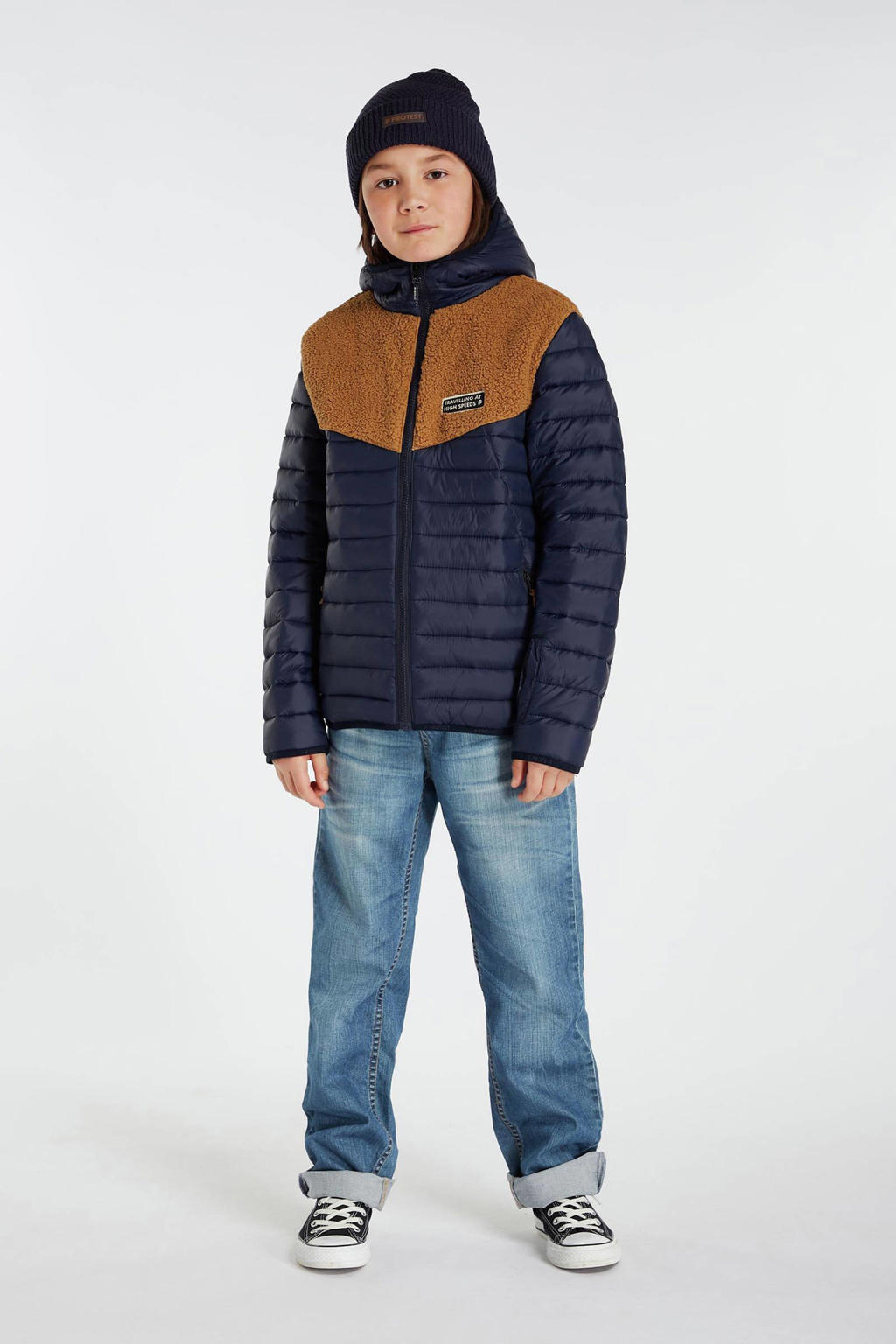 Blauwe jongens Protest outdoor jas van polyamide met meerkleurige print, lange mouwen, capuchon en ritssluiting