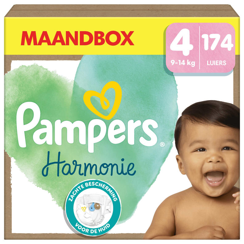 Pampers Maat 3 Luiers (6 - 10 kg), 180 Stuks, MAANDBOX, Harmonie, Beschermt de gevoelige babyhuid, Met plantaardige materialen