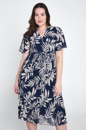 jurk met bladprint en ceintuur donkerblauw/ecru