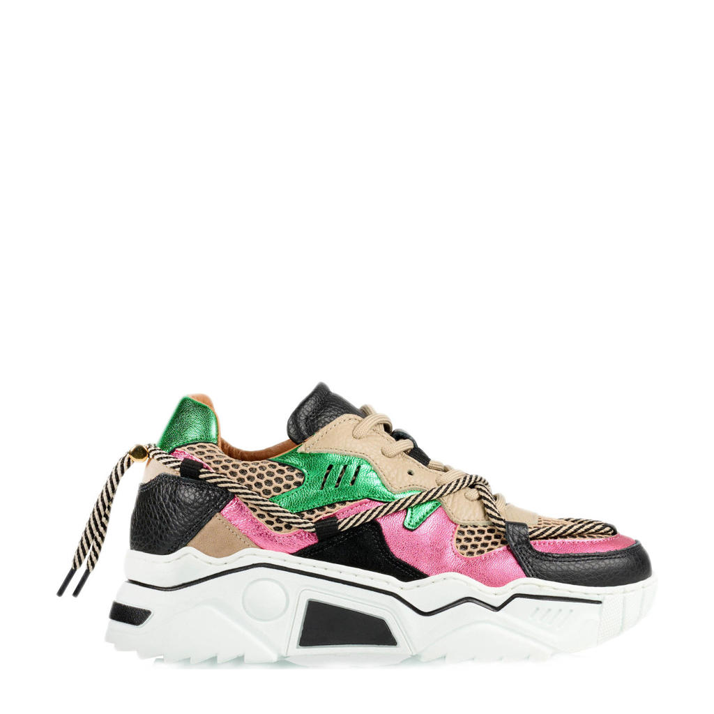 Beige, groen en roze dames DWRS Jupiter chunky leren sneakers met veters