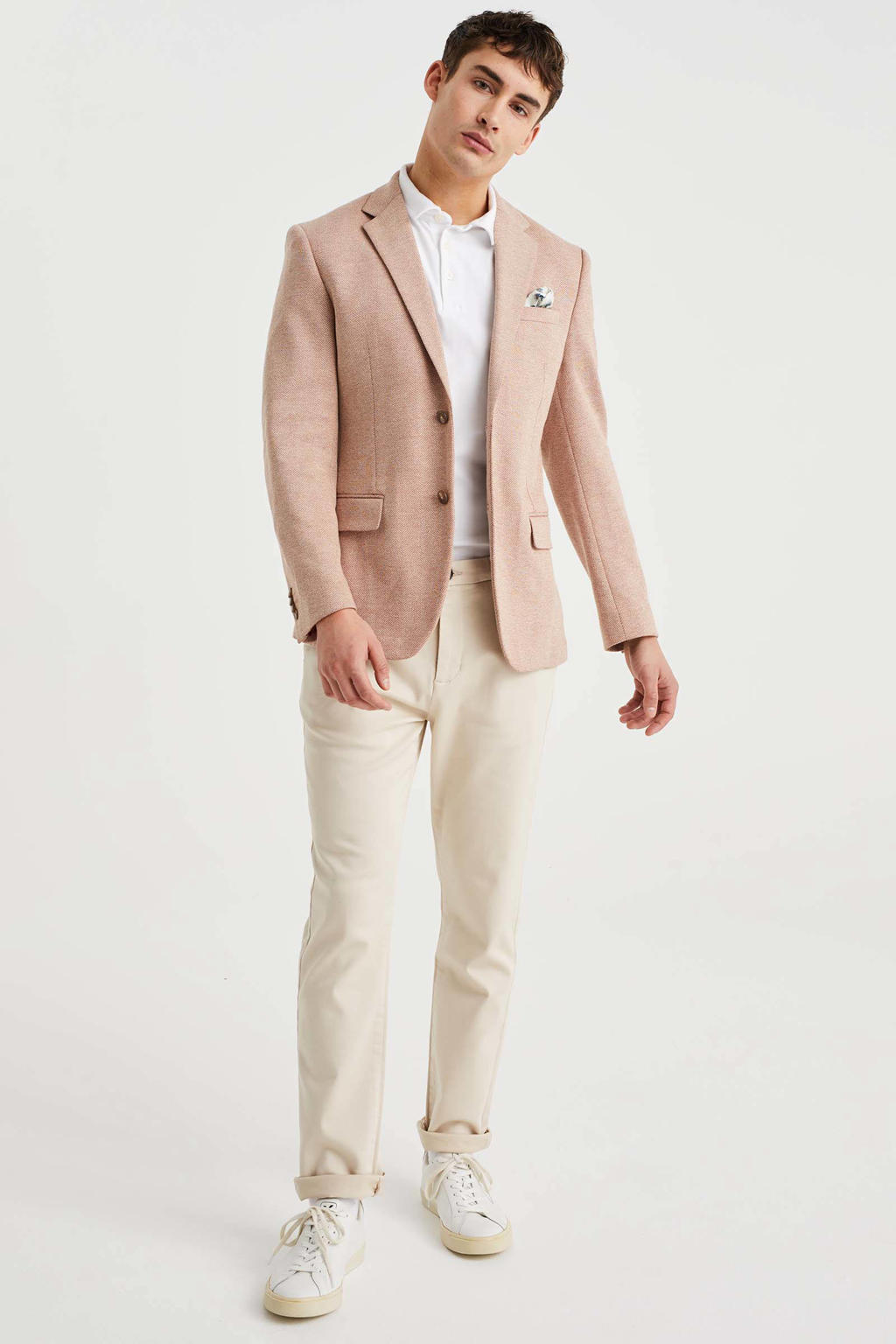 Lichtroze heren WE Fashion slim fit colbert van katoen met reverskraag