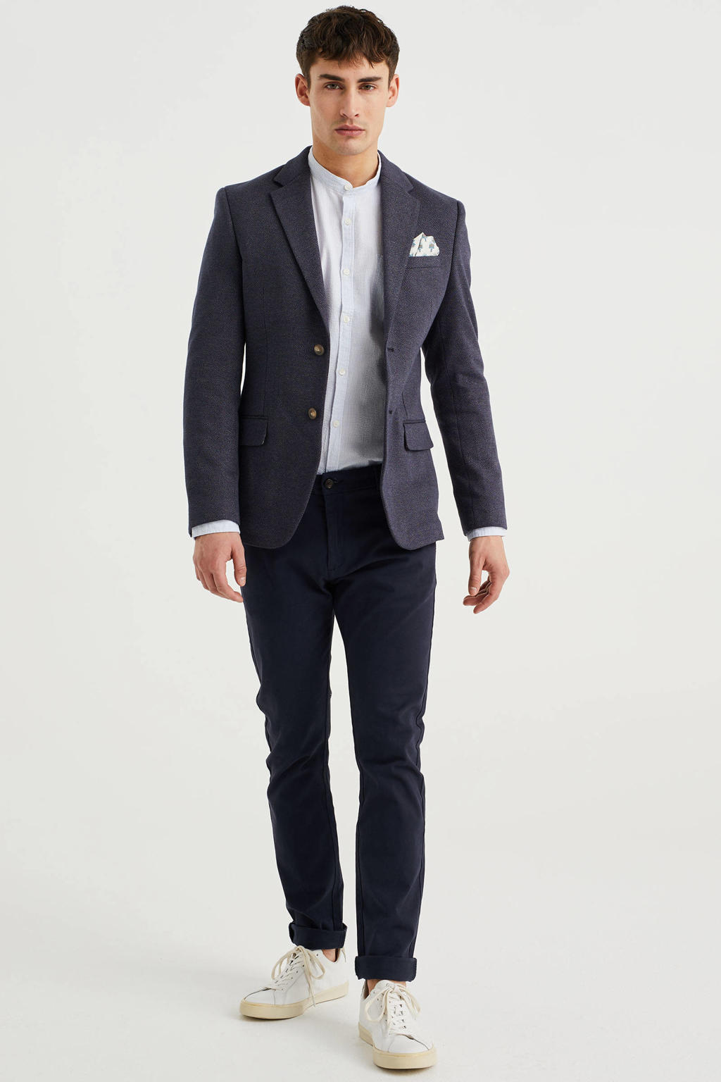 Donkerblauwe heren WE Fashion slim fit colbert van katoen met reverskraag