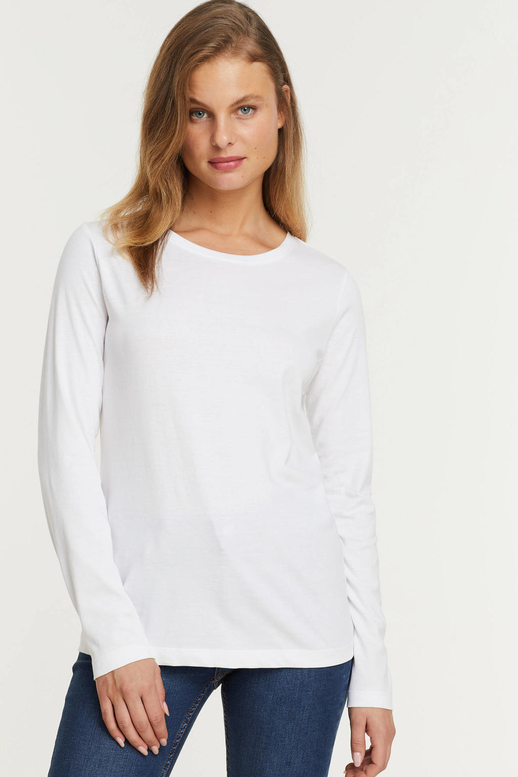 Witte dames anytime longsleeve T-shirt van katoen met effen, lange mouwen en ronde hals