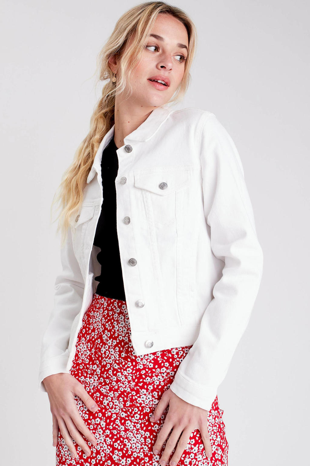Witte dames Cache Cache spijkerjasje van stretchdenim met lange mouwen, klassieke kraag en knoopsluiting