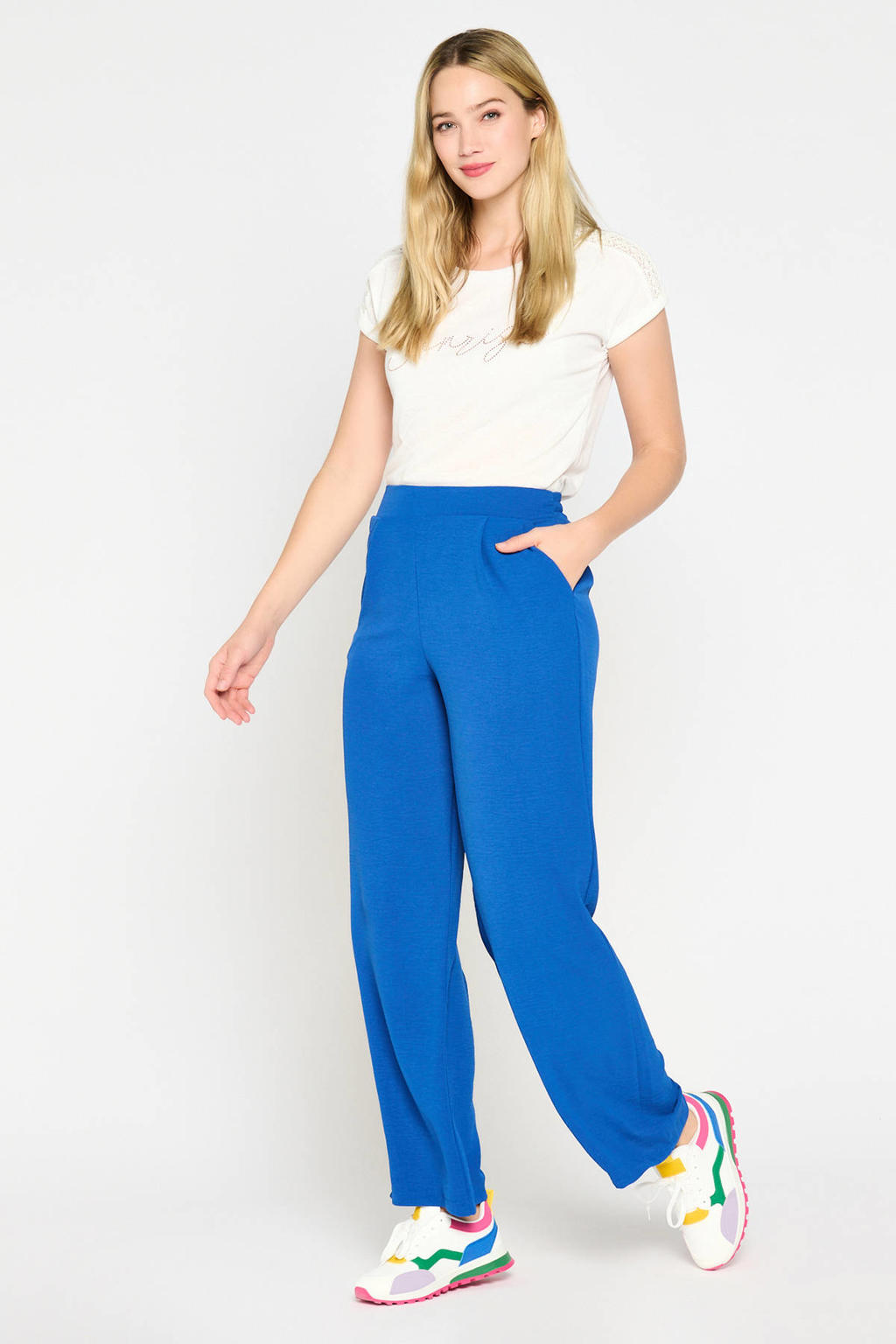 Blauwe dames LOLALIZA straight fit broek van polyester met regular waist, elastische tailleband en effen