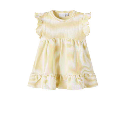 NAME IT BABY gestreepte baby A-lijn jurk NBFHUSSIE geel/wit