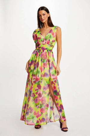 maxi jurk met all over print en plooien geel/roze/groen
