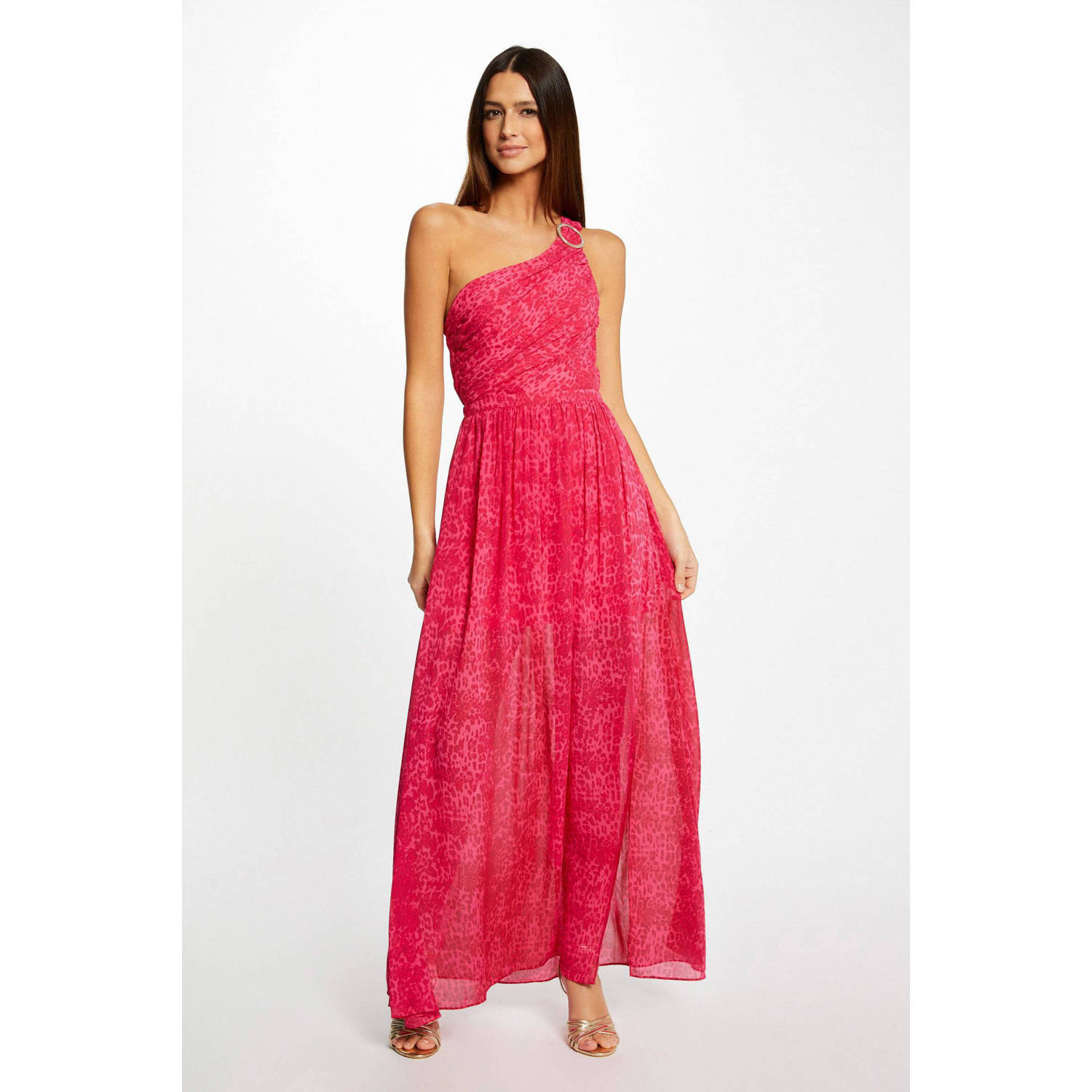 Morgan maxi jurk met panterprint en plooien roze