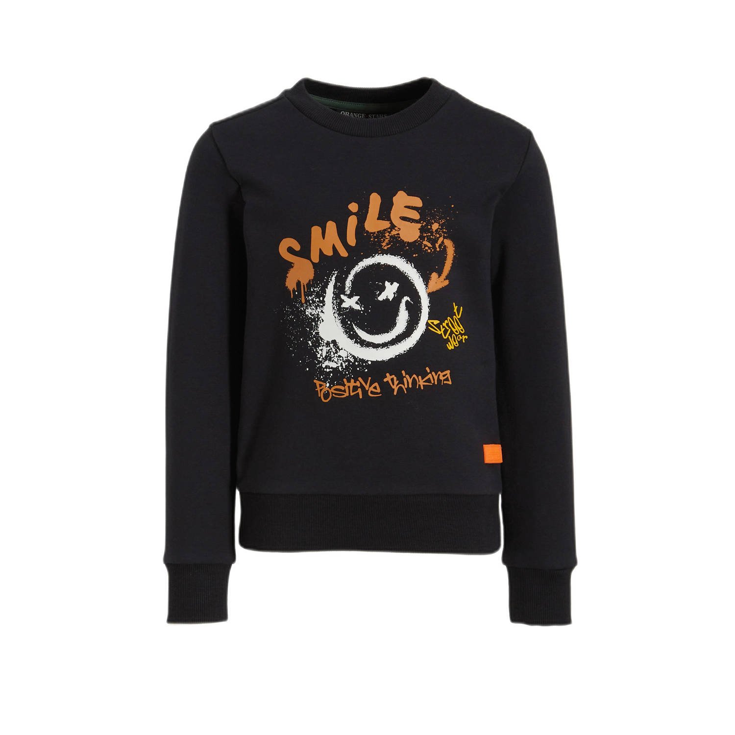 Orange Stars sweater Nol met printopdruk zwart Jongens Katoen Ronde hals 116