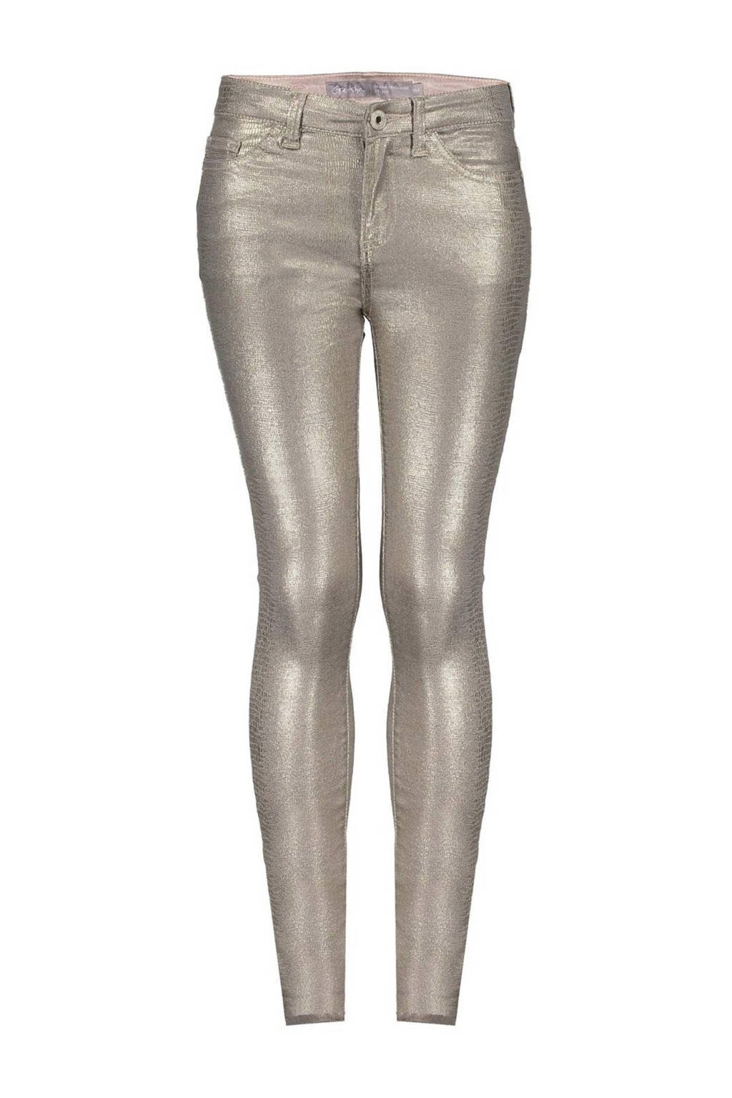 metallic coated skinny broek met slangenprint goud