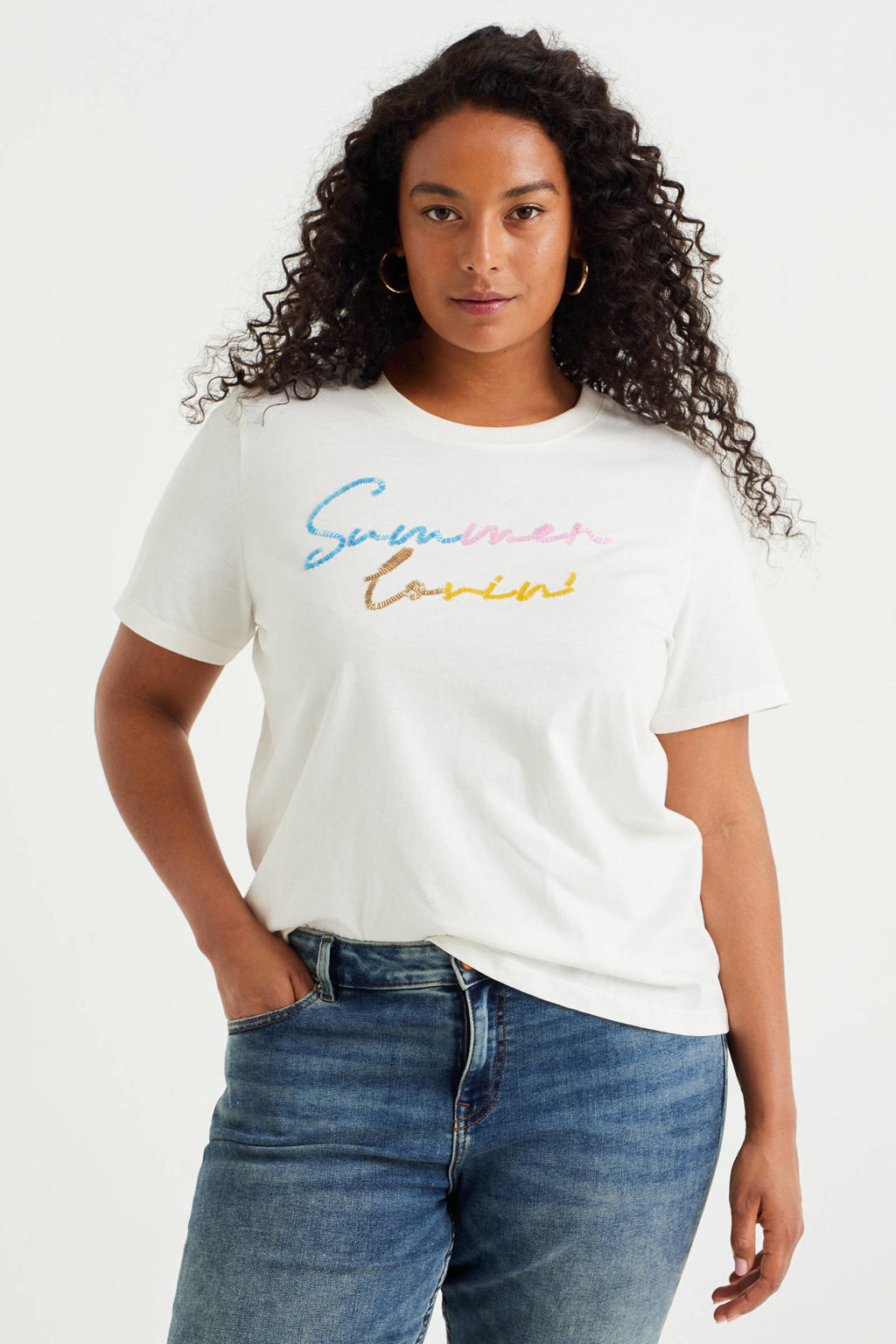 WE Fashion Tshirt met tekst en kraaltjes wit wehkamp