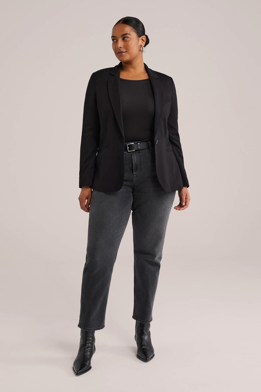 Zwarte dames WE Fashion Curve T-shirt van katoen met effen, driekwart mouwen en boothals