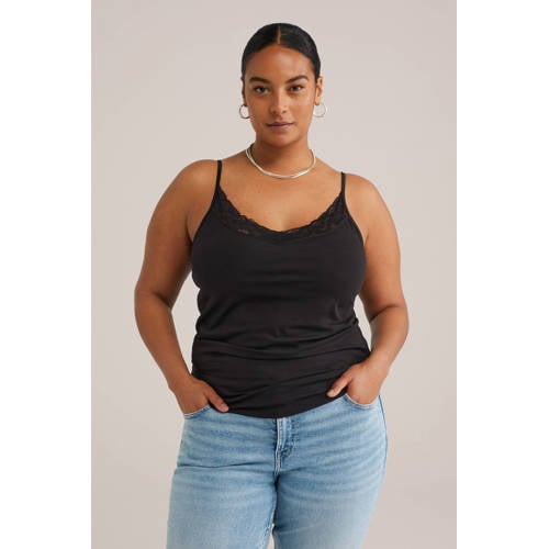 WE Fashion Curve singlet met kant zwart afbeelding